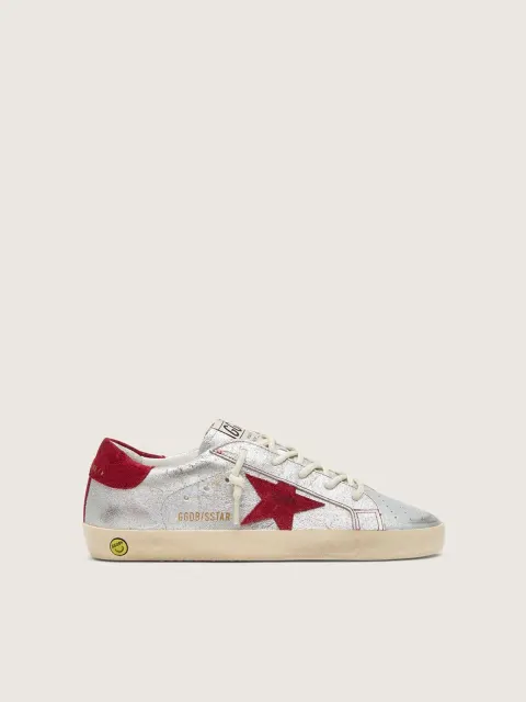 Super-Star young in pelle laminata argento con stella in suede rosso