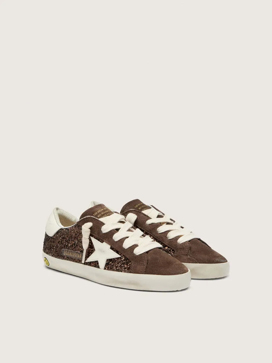 Super-Star young in suede e glitter marrone con stella in pelle crema