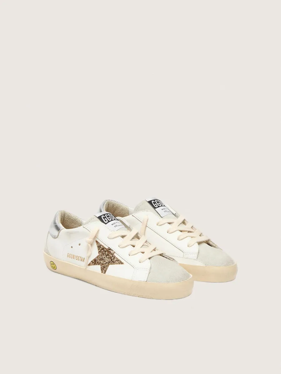Super-Star Young con stella in glitter oro e talloncino in pelle laminata argento