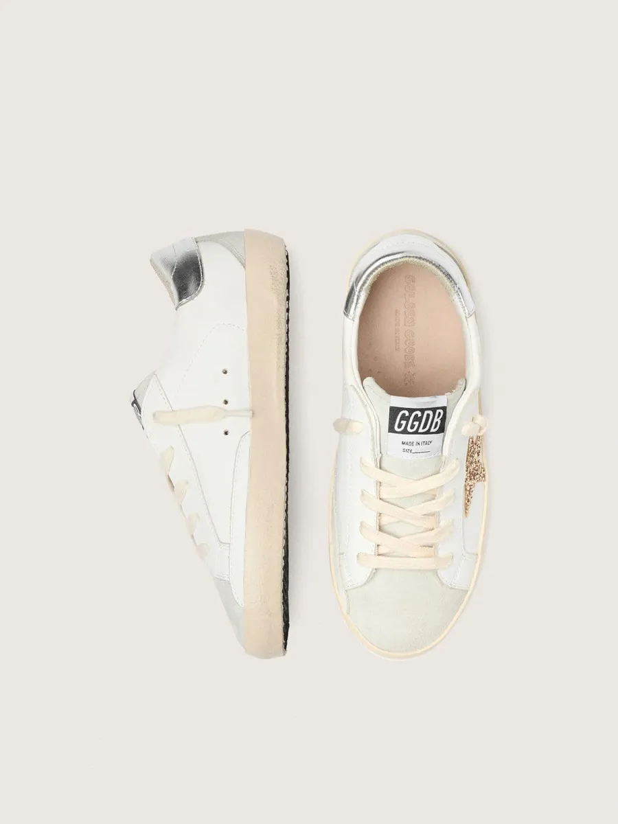Super-Star Young con stella in glitter oro e talloncino in pelle laminata argento