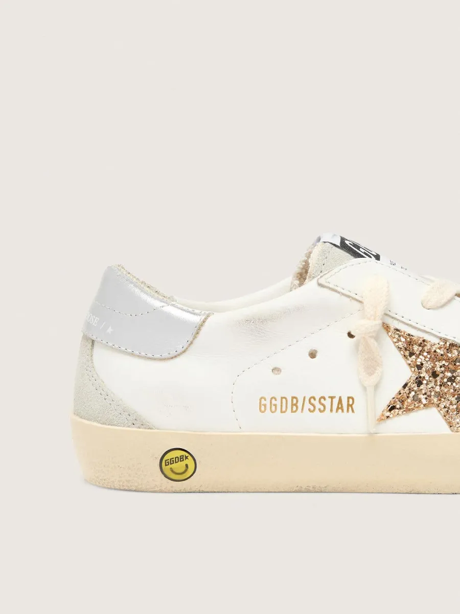 Super-Star Young con stella in glitter oro e talloncino in pelle laminata argento