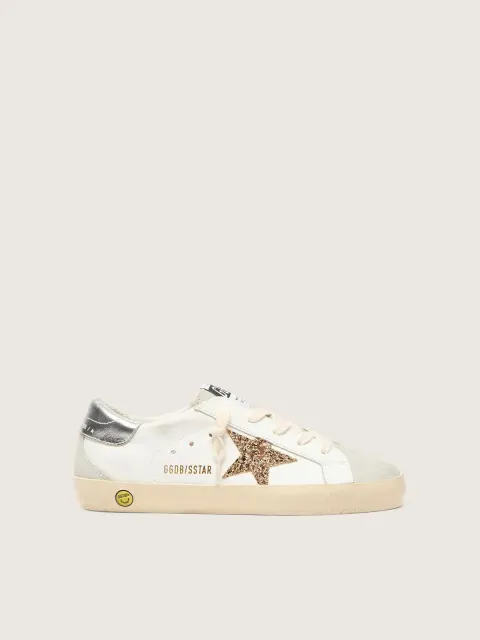 Super-Star Young con stella in glitter oro e talloncino in pelle laminata argento