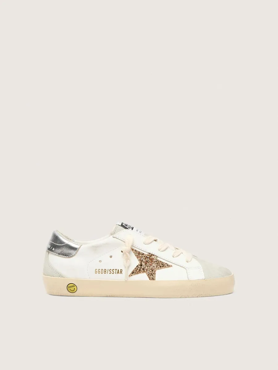 Super-Star Young con stella in glitter oro e talloncino in pelle laminata argento