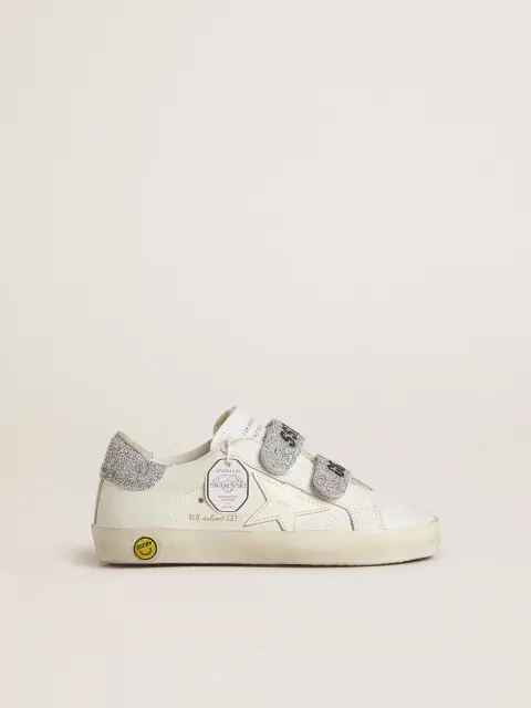 Old School Young in pelle bianca con talloncino e straps in cristalli Swarovski argento