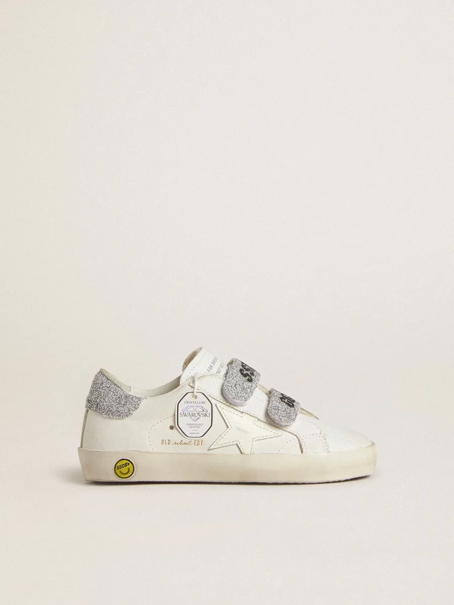 Old School Young in pelle bianca con talloncino e straps in cristalli Swarovski argento