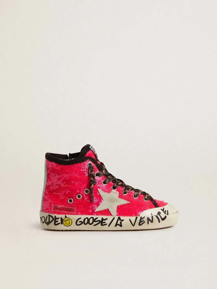 Francy Young in paillettes con stella in suede ghiaccio e lacci animalier