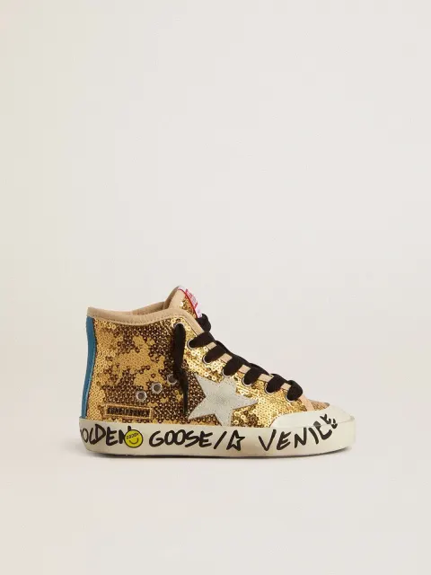 Francy Penstar Young in paillettes oro con stella in suede ghiaccio