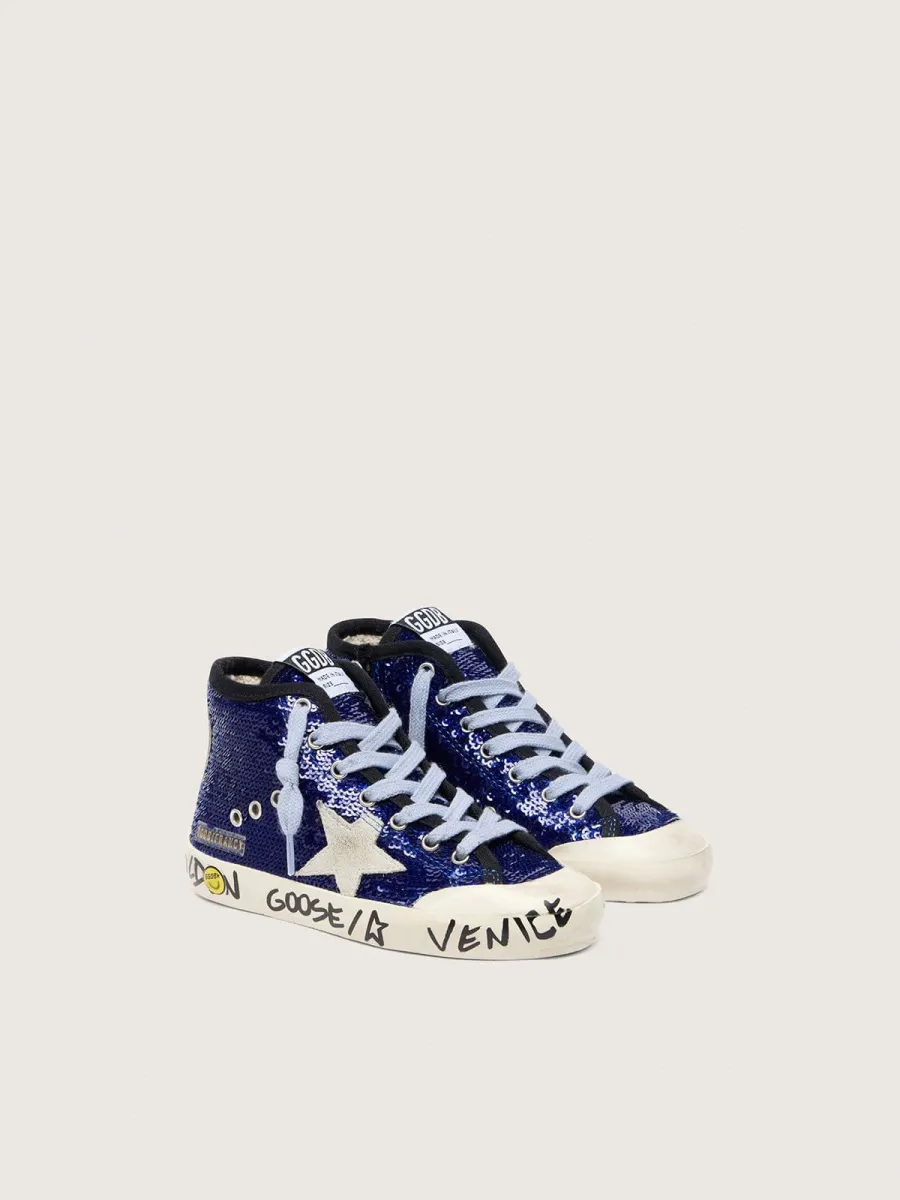 Francy Penstar Young in paillettes blu con stella in suede bianco