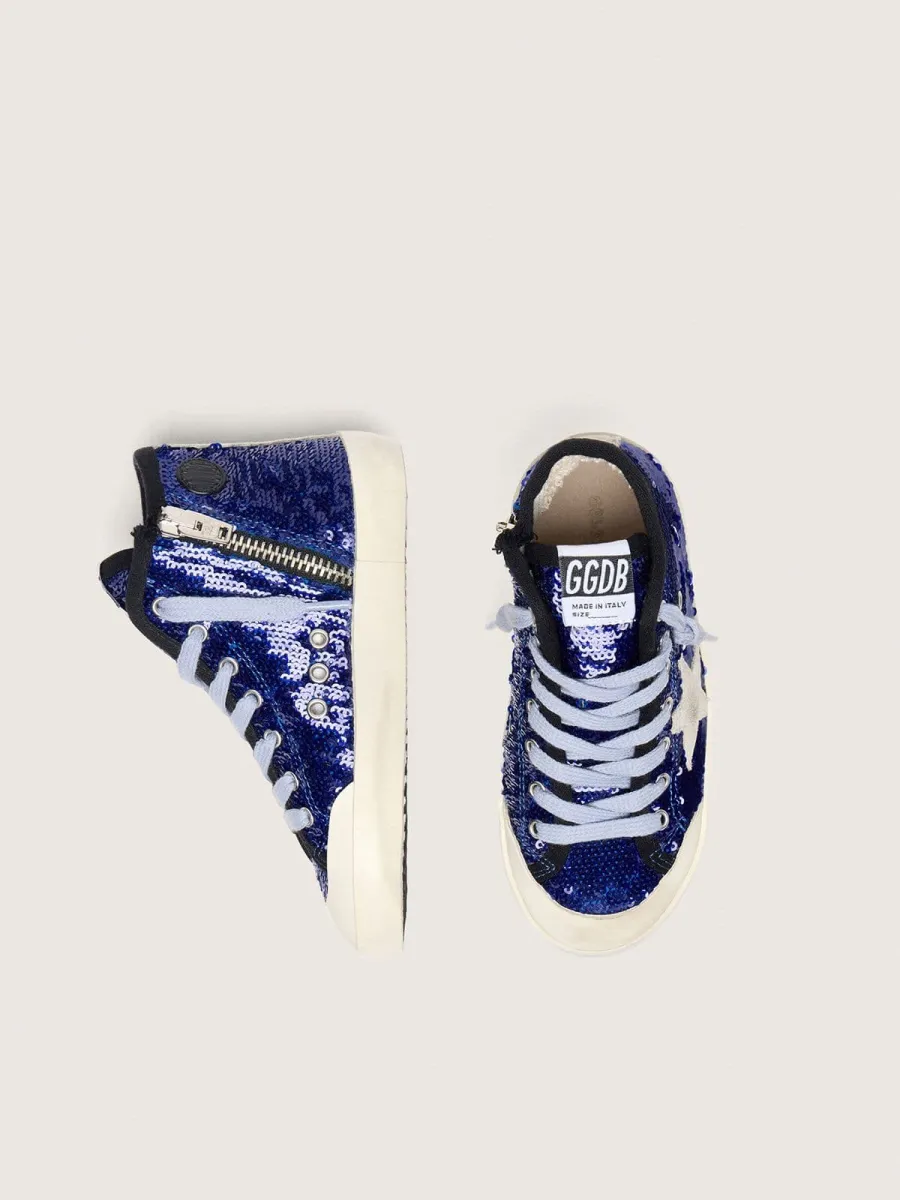 Francy Penstar Young in paillettes blu con stella in suede bianco