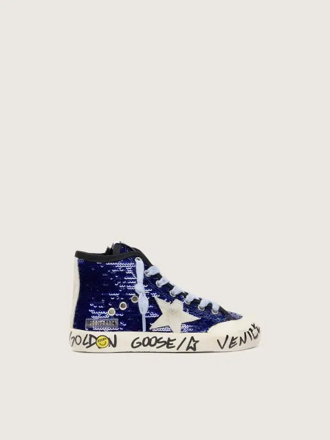 Francy Penstar Young in paillettes blu con stella in suede bianco