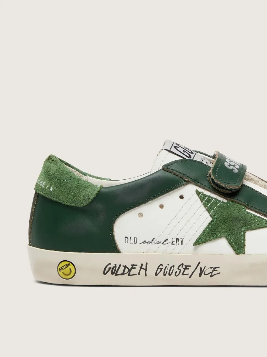 Old School young in pelle bianca con stella in suede verde e inserti in pelle verde