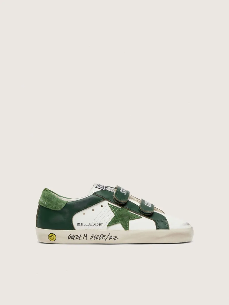 Old School young in pelle bianca con stella in suede verde e inserti in pelle verde