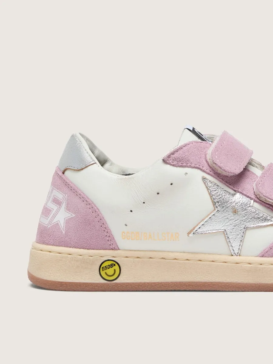 Ball Star young in pelle bianca con stella in pelle laminata argento e inserti in suede lilla