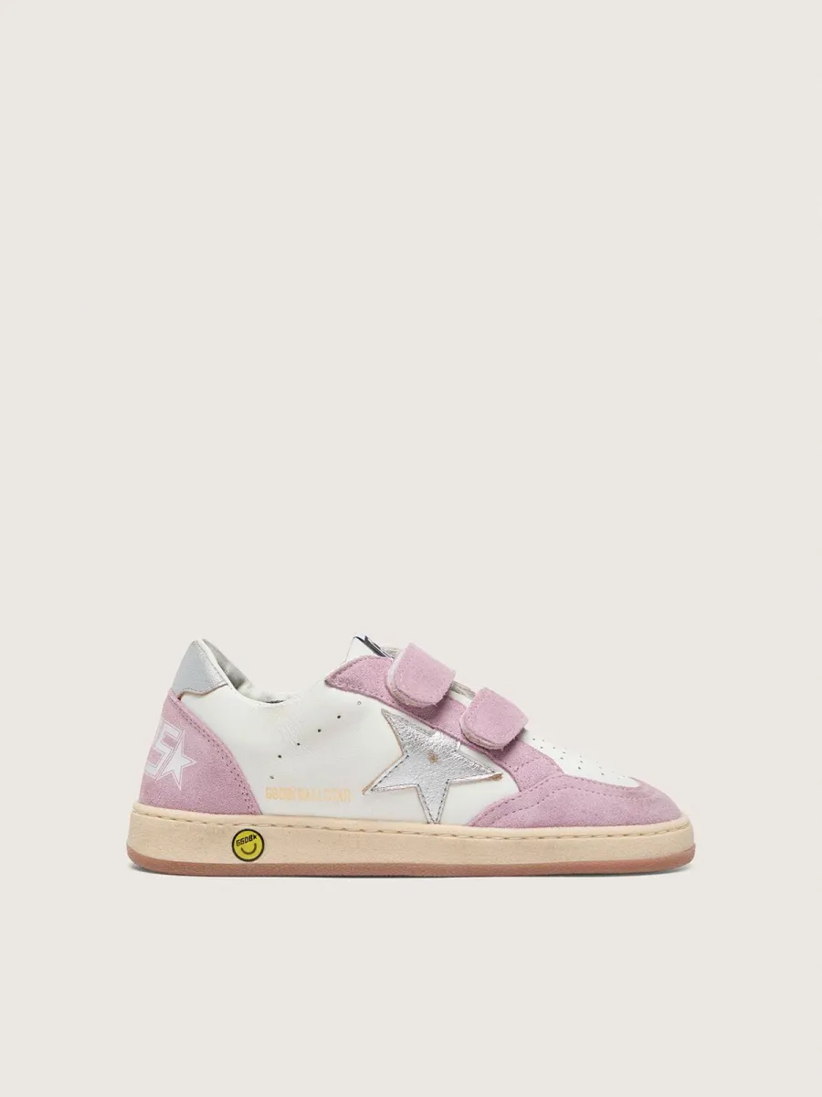 Ball Star young in pelle bianca con stella in pelle laminata argento e inserti in suede lilla