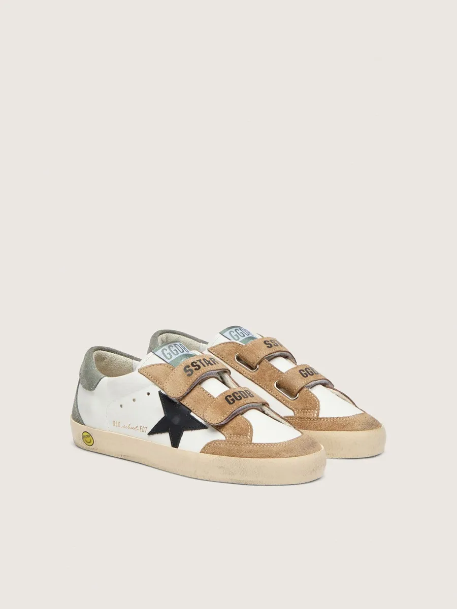 Old School Young con stella in pelle nera e inserti in suede beige e verde