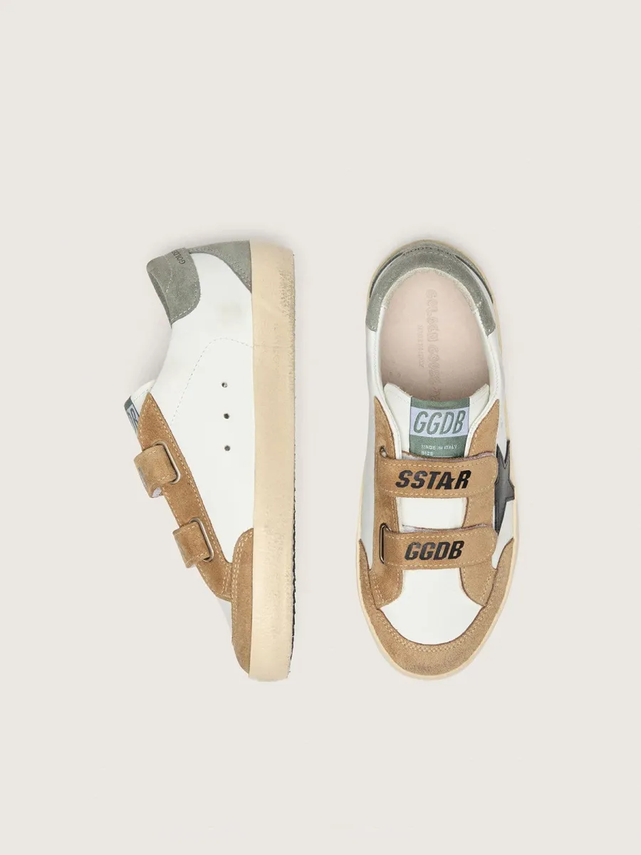 Old School Young con stella in pelle nera e inserti in suede beige e verde