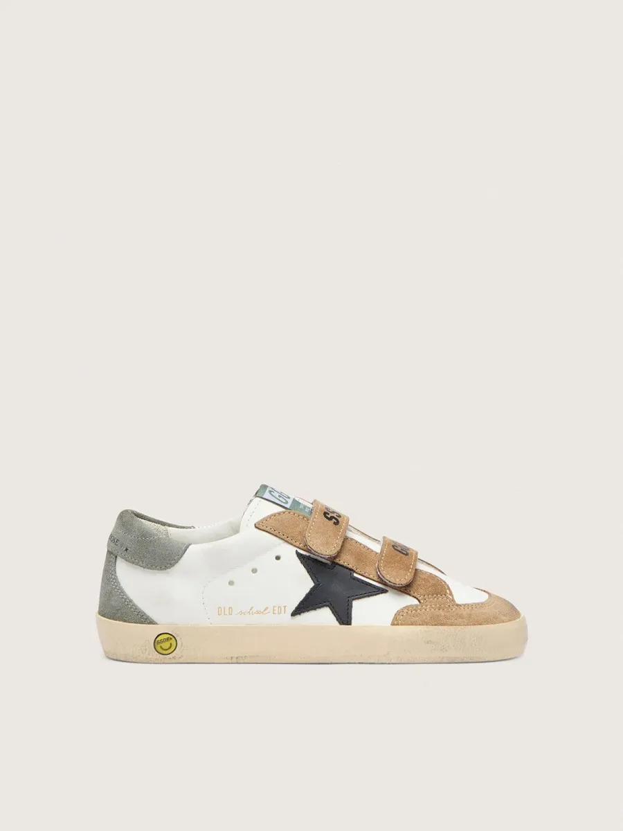 Old School Young con stella in pelle nera e inserti in suede beige e verde