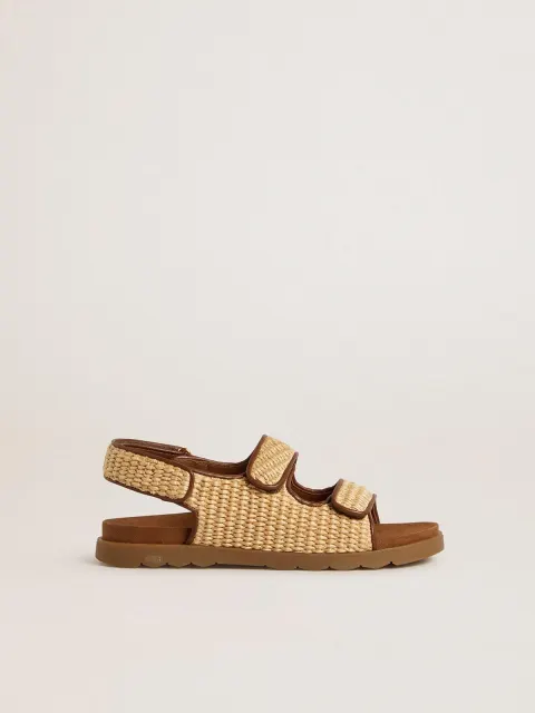 Sandali Noa Young in rafia beige e pelle marrone
