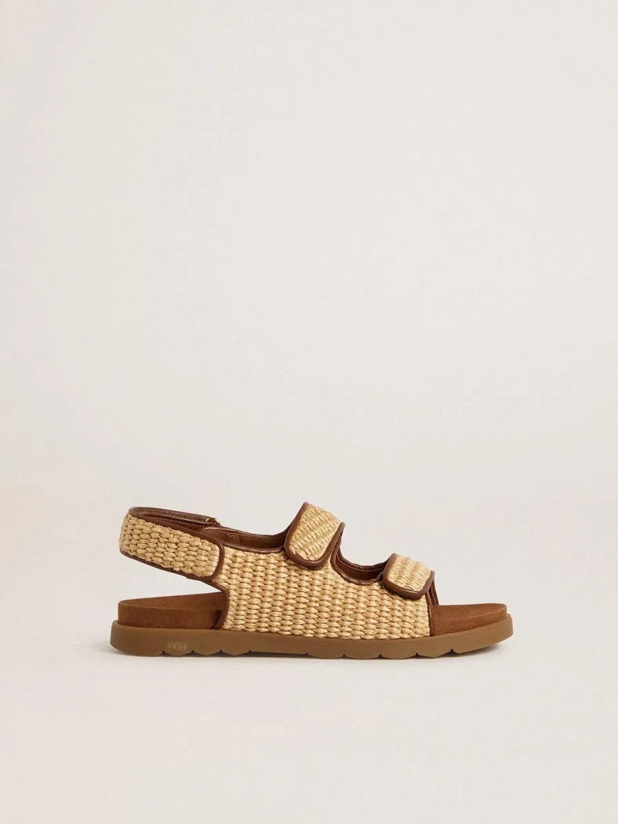 Sandali Noa Young in rafia beige e pelle marrone