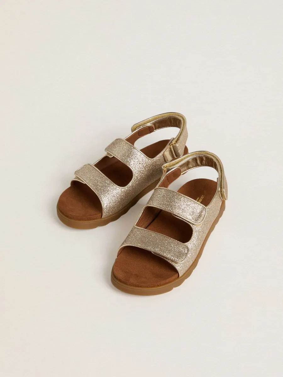 Sandali Noa Young in micro glitter e pelle color platino