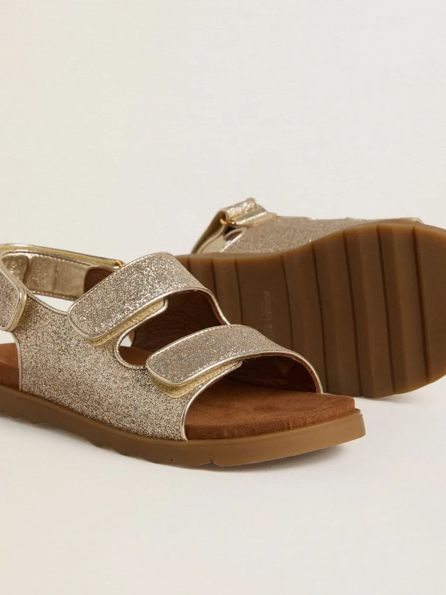 Sandali Noa Young in micro glitter e pelle color platino