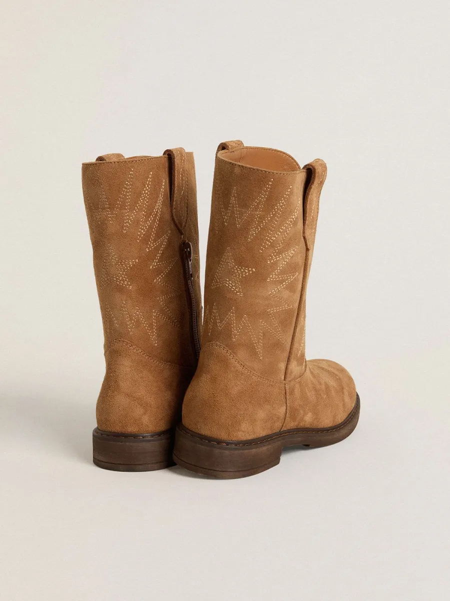 Stivali Wish Young in suede cammello con ricamo a stella