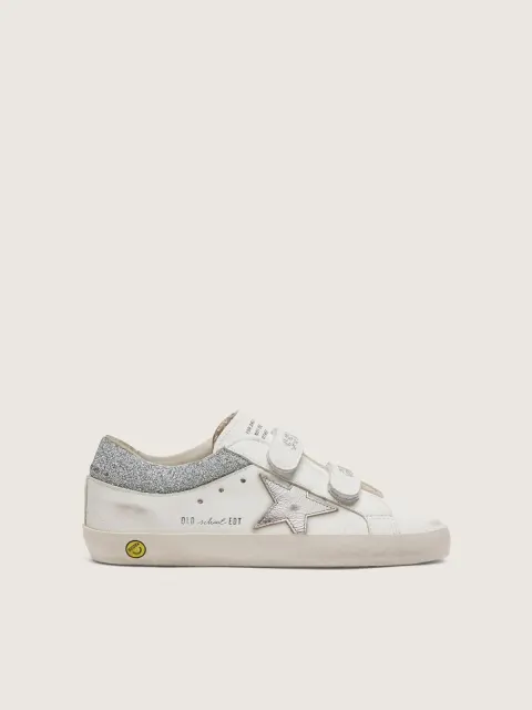 Old School young in pelle bianca con stella in pelle laminata argento e inserti con cristalli argento
