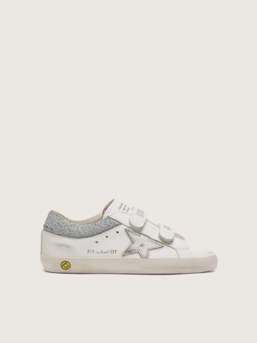 Old School young in pelle bianca con stella in pelle laminata argento e inserti con cristalli argento