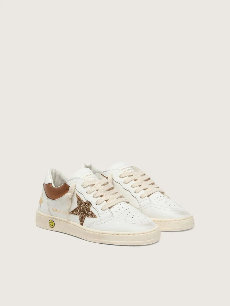 Ball Star young in pelle bianca con stella glitter oro e inserti in pelle laminata arancione